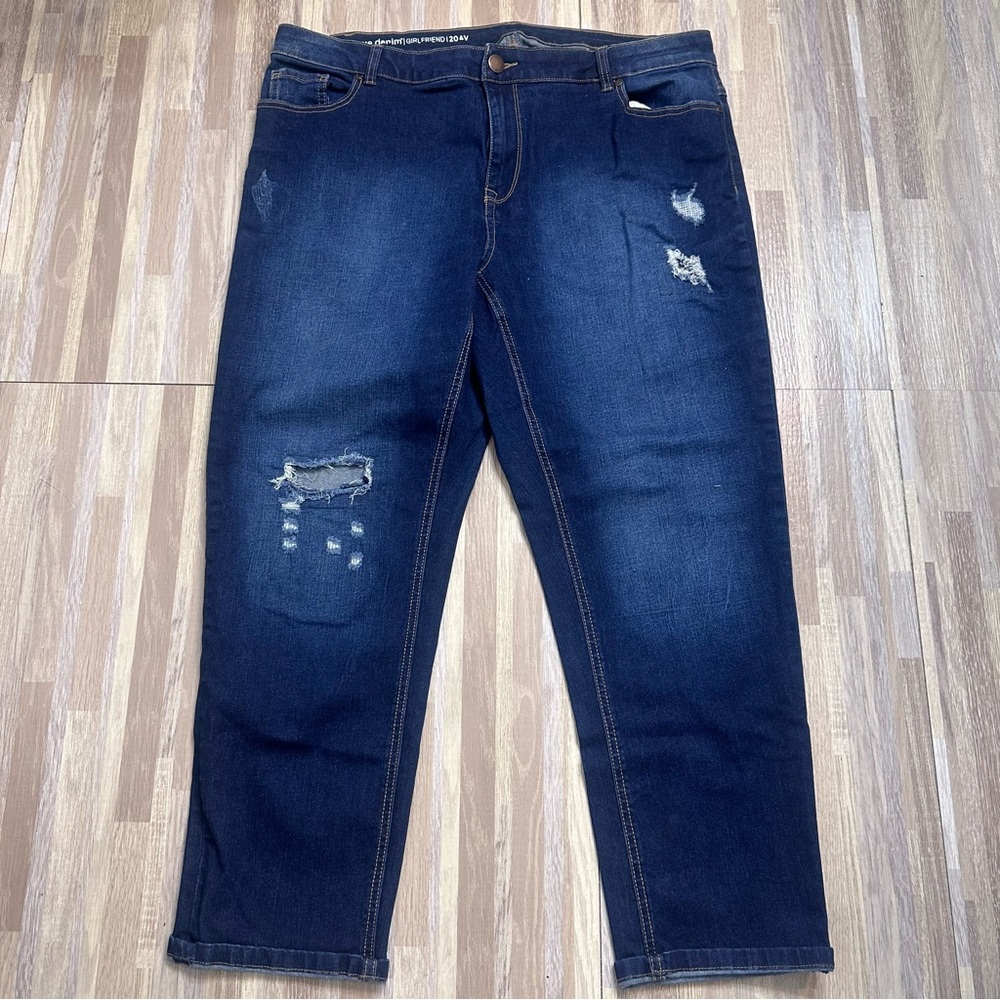 Women’s Dark Blue Distressed Girlfriend Jeans Plus Size 20